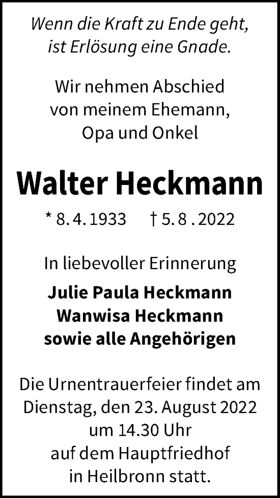 Traueranzeige von Walter Heckmann von GESAMT