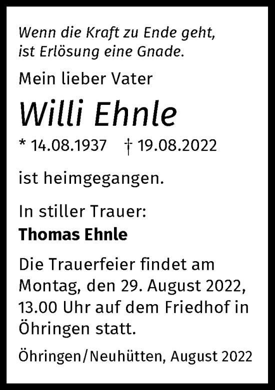 Traueranzeige von Willi Ehnle von GESAMT