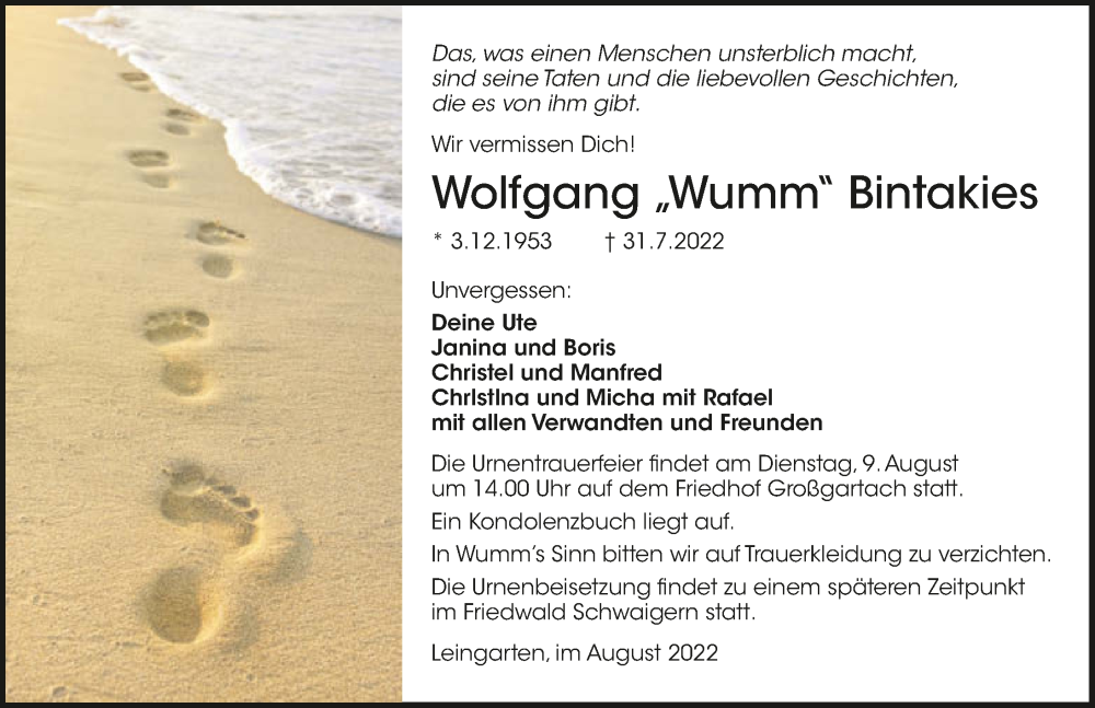  Traueranzeige für Wolfgang Bintakies vom 06.08.2022 aus GESAMT