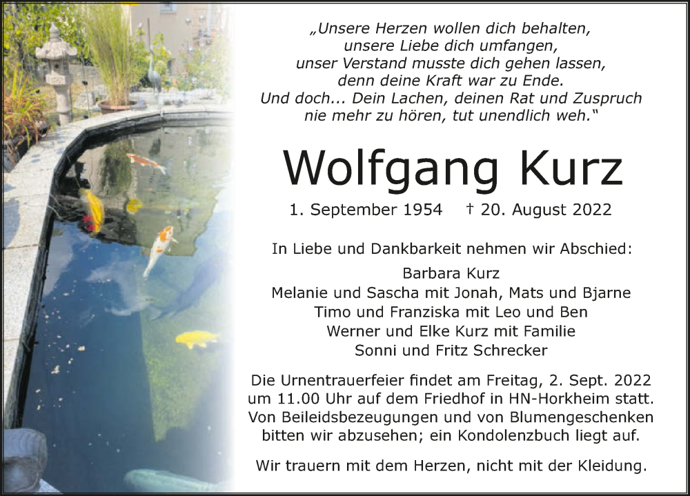  Traueranzeige für Wolfgang Kurz vom 27.08.2022 aus GESAMT