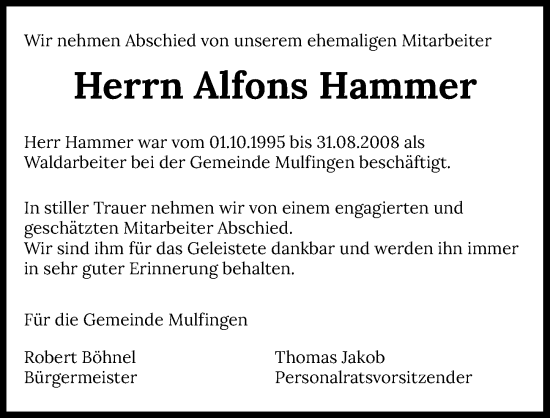 Traueranzeige von Alfons Hammer von GESAMT