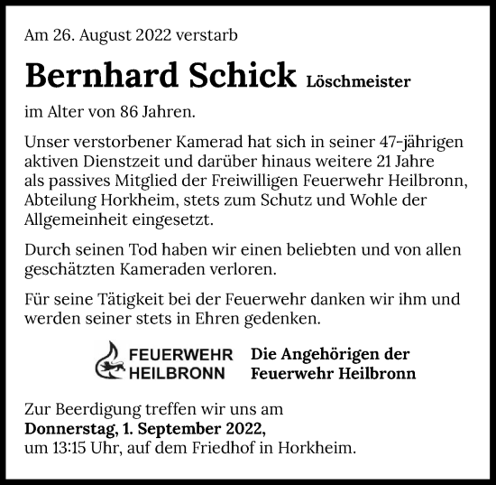 Traueranzeige von Bernhard Schick von GESAMT