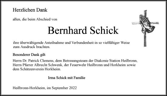 Traueranzeige von Bernhard Schick von GESAMT