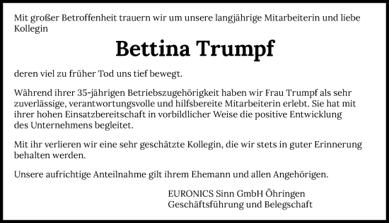 Traueranzeige von Bettina Trumpf von GESAMT