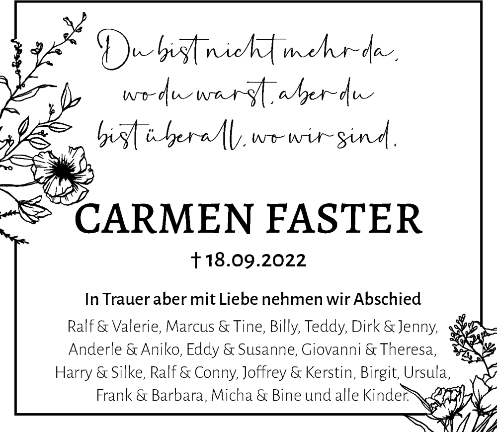  Traueranzeige für Carmen Faster vom 24.09.2022 aus GESAMT
