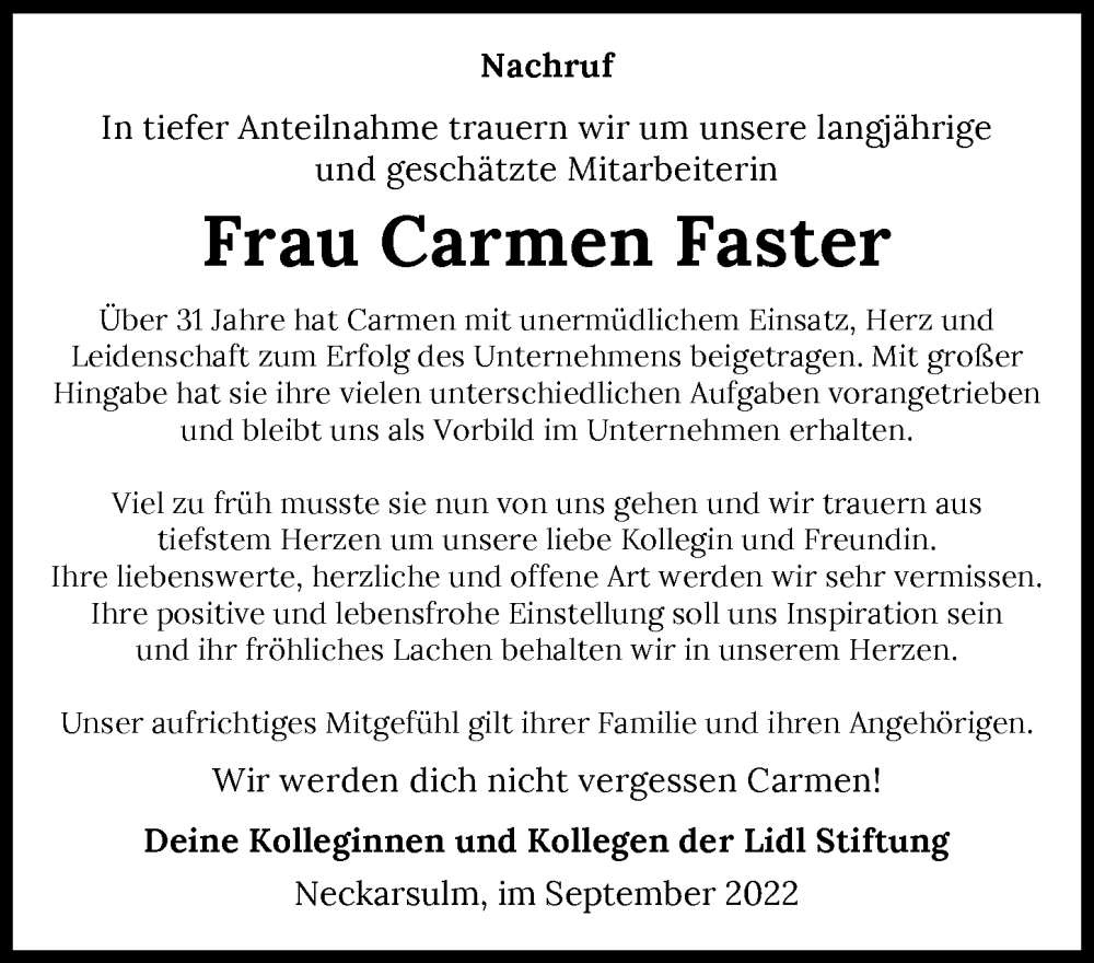  Traueranzeige für Carmen Faster vom 29.09.2022 aus GESAMT