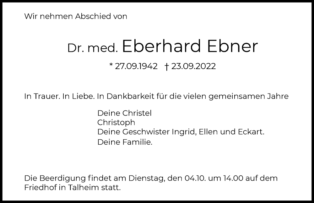  Traueranzeige für Eberhard Ebner vom 28.09.2022 aus GESAMT