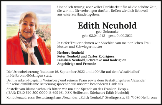 Traueranzeige von Edith Neuhold von GESAMT