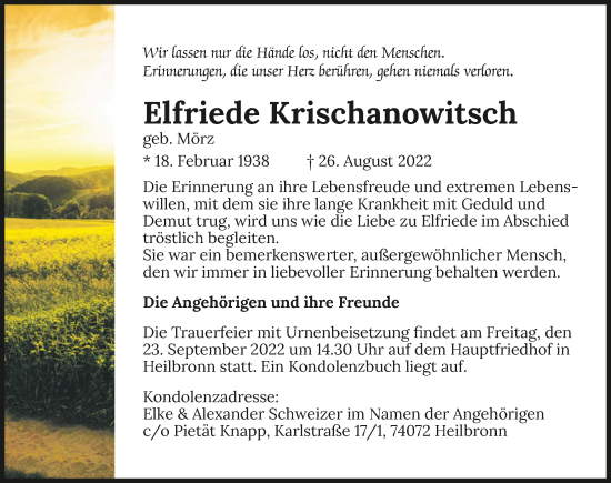 Traueranzeige von Elfriede Krischanowitsch von GESAMT