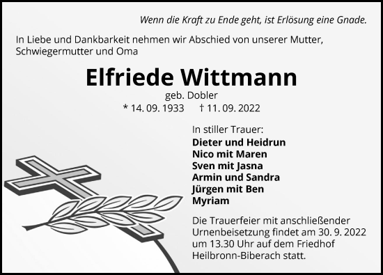 Traueranzeige von Elfriede Wittmann von GESAMT