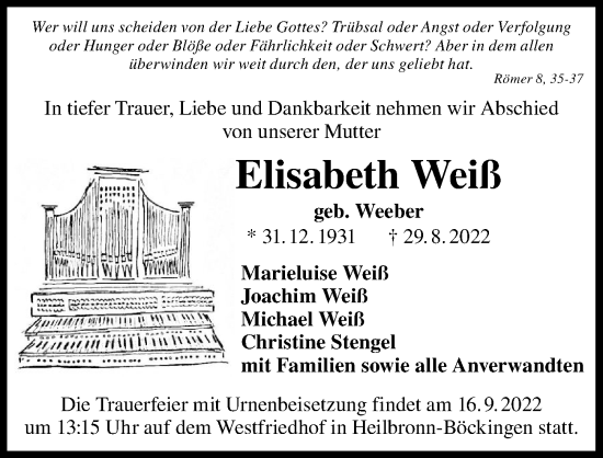 Traueranzeige von Elisabeth Weiß von GESAMT