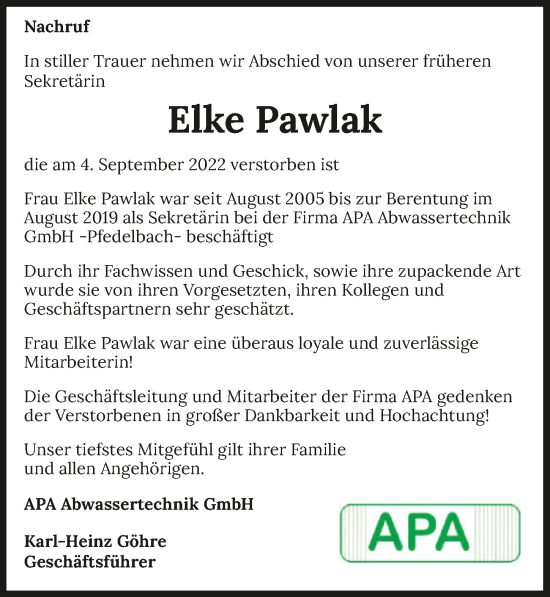 Traueranzeige von Elke Pawlak von GESAMT