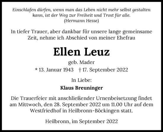 Traueranzeige von Ellen Leuz von GESAMT