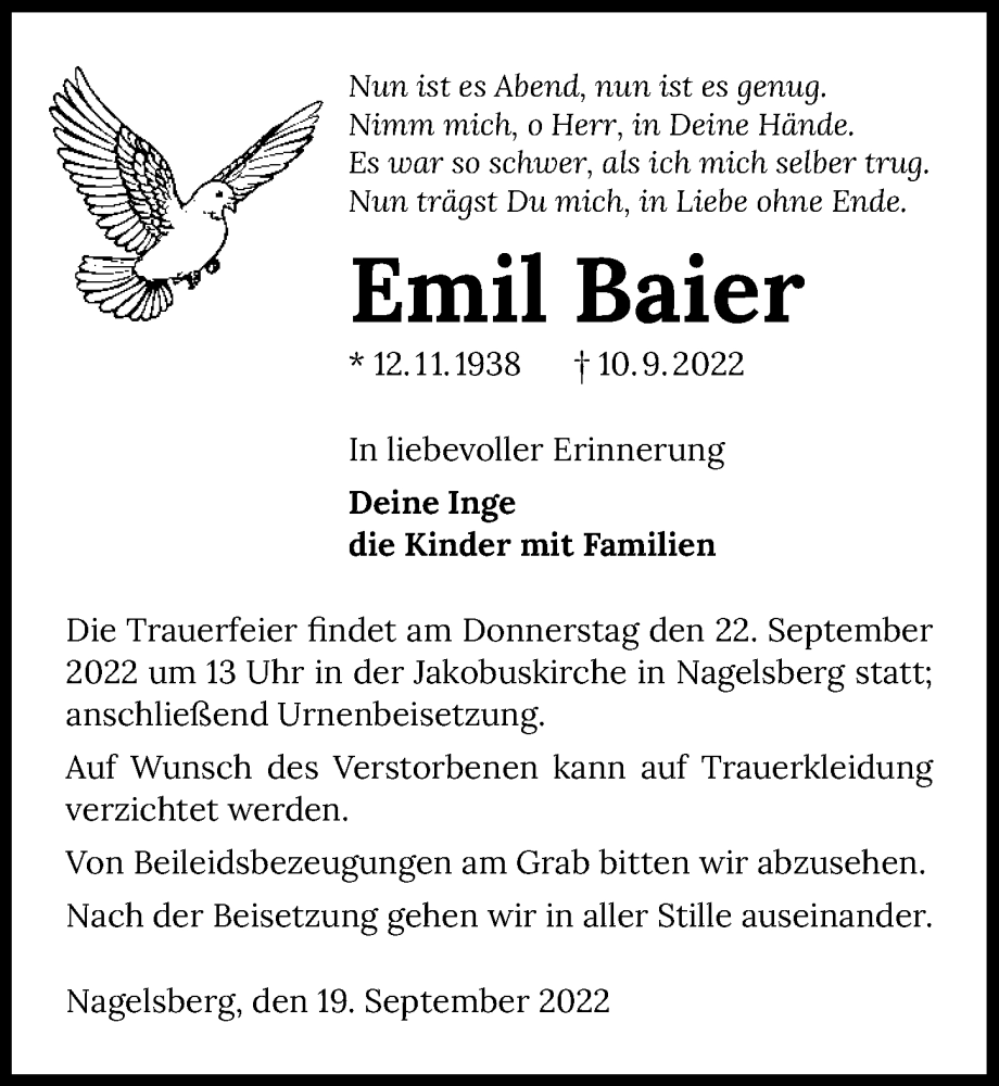  Traueranzeige für Emil Baier vom 19.09.2022 aus GESAMT