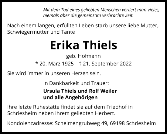 Traueranzeige von Erika Thiels von GESAMT