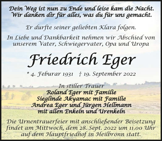 Traueranzeige von Friedrich Eger von GESAMT