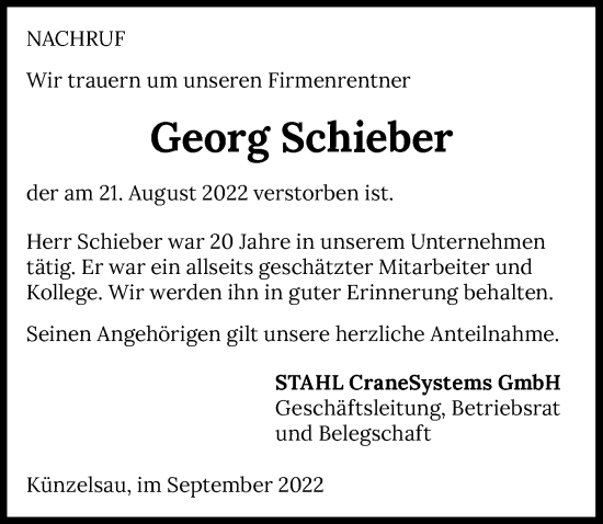 Traueranzeige von Georg Schieber von GESAMT