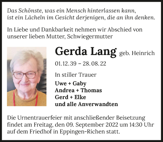 Traueranzeige von Gerda Lang von GESAMT