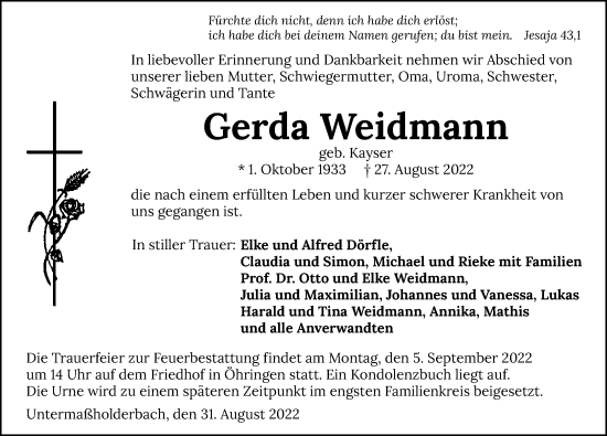 Traueranzeige von Gerda Weidmann von GESAMT