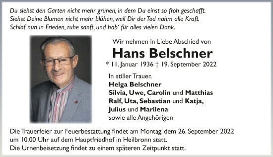 Traueranzeige von Hans Belschner von GESAMT