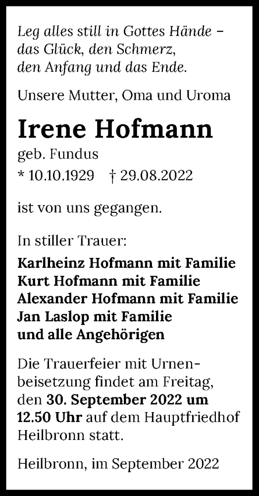 Traueranzeige von Irene Hofmann von GESAMT