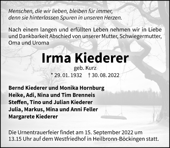 Traueranzeige von Irma Kiederer von GESAMT