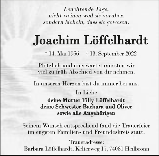 Traueranzeige von Joachim Löffelhardt von GESAMT