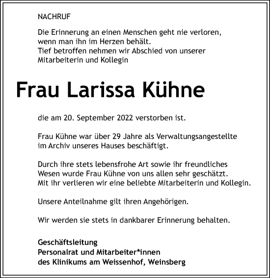 Traueranzeige von Larissa Kühne von GESAMT