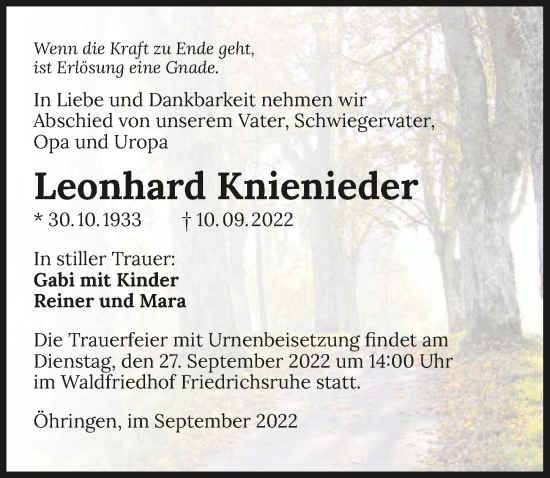 Traueranzeige von Leonhard Knienieder von GESAMT