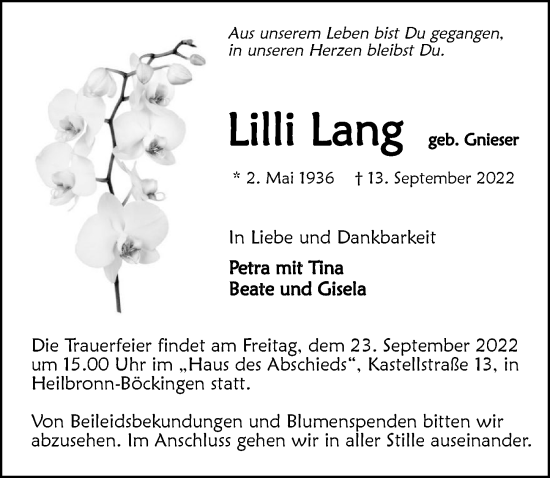 Traueranzeige von Lilli Lang von GESAMT