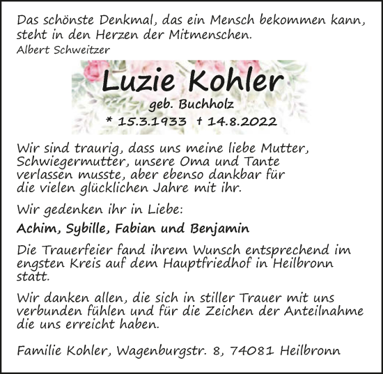 Traueranzeige von Luzie Kohler von GESAMT