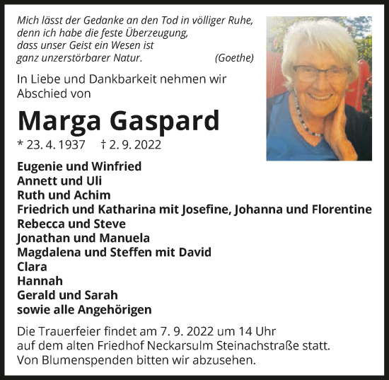 Traueranzeige von Margarete Gaspard von GESAMT