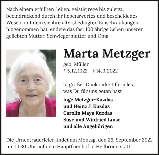 Traueranzeige von Marta Metzger von GESAMT