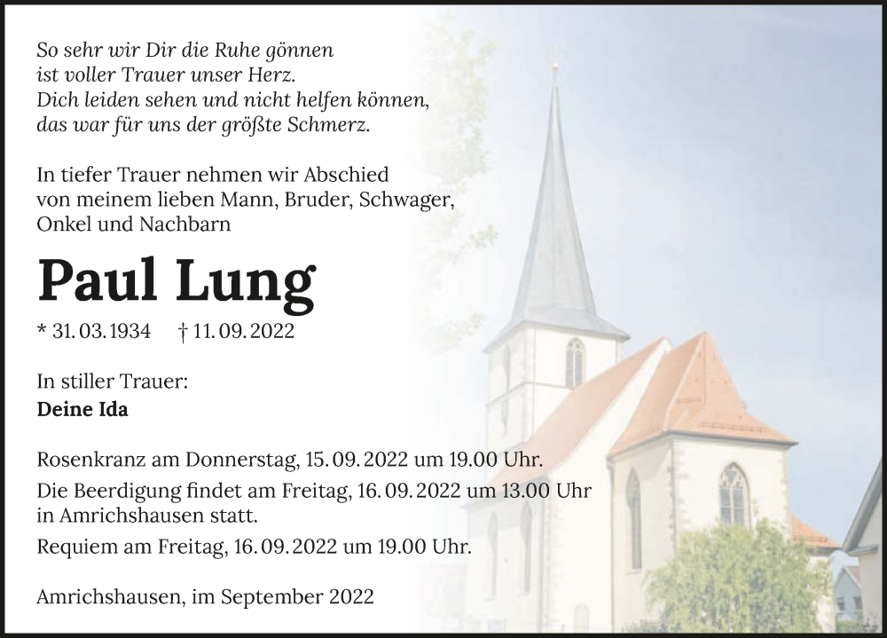 Traueranzeige für Paul Lung vom 15.09.2022 aus GESAMT