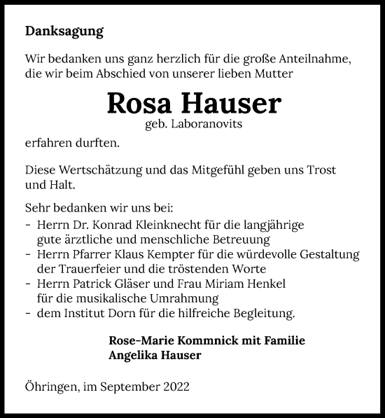 Traueranzeige von Rosa Hauser von GESAMT