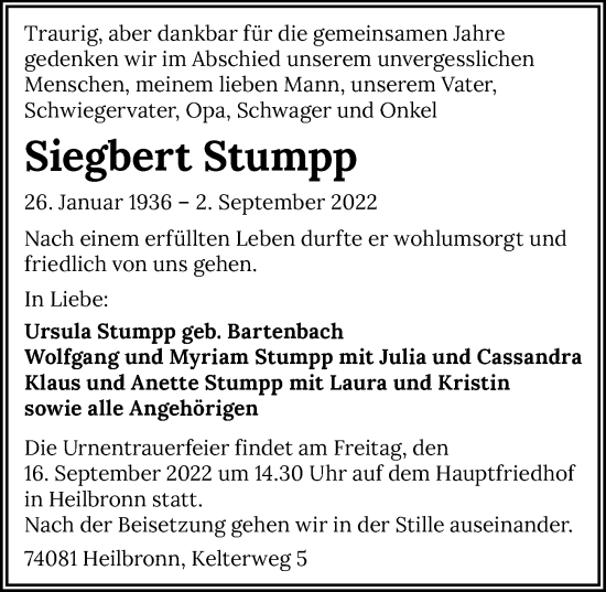 Traueranzeige von Siegbert Stumpp von GESAMT