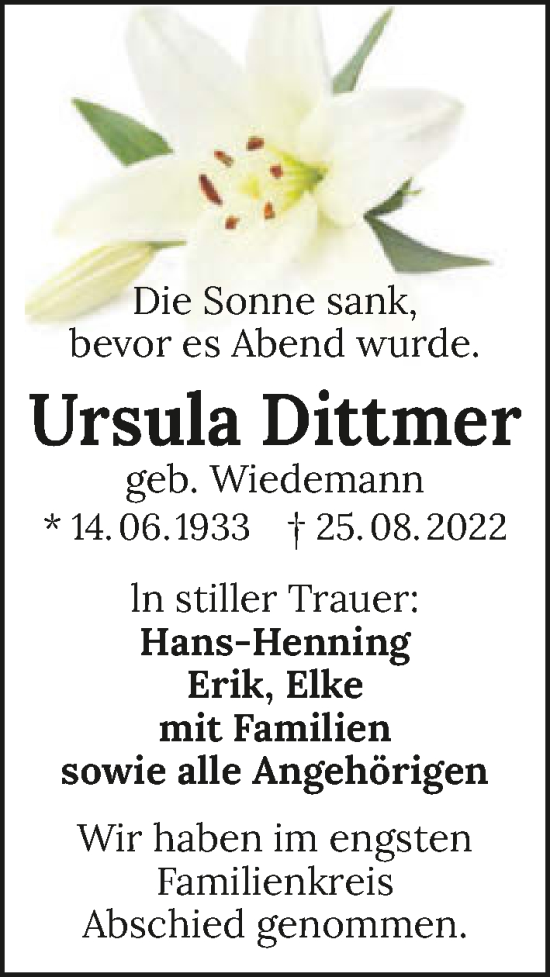 Traueranzeige von Ursula Dittmer von GESAMT