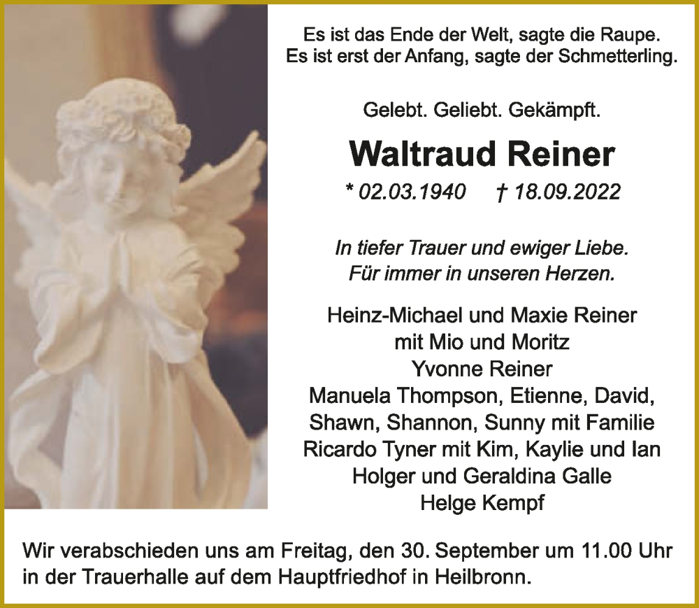  Traueranzeige für Waltraud Reiner vom 24.09.2022 aus GESAMT