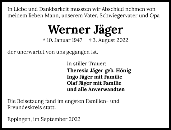 Traueranzeige von Werner Jäger von GESAMT