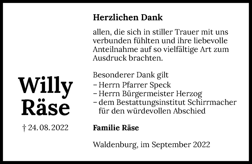  Traueranzeige für Willy Räse vom 15.09.2022 aus GESAMT