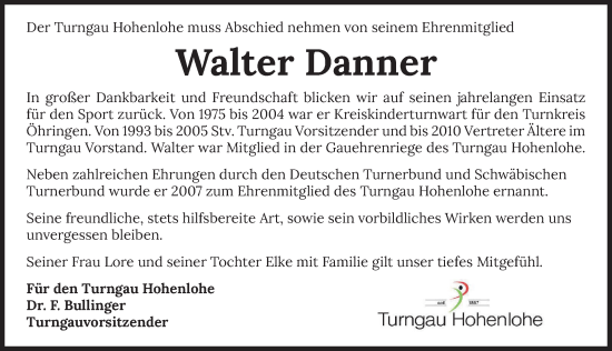 Traueranzeige von Walter Danner von Gesamt