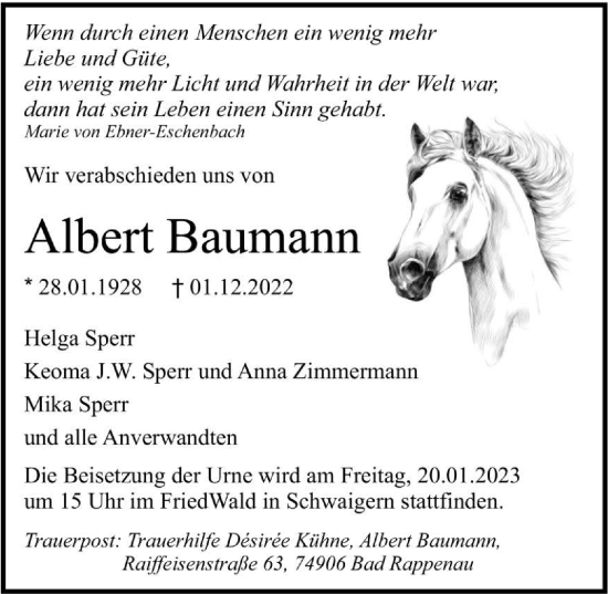 Traueranzeige von Albert Baumann von GESAMT