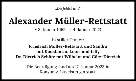 Traueranzeige von Alexander Müller-Rettstatt von GESAMT