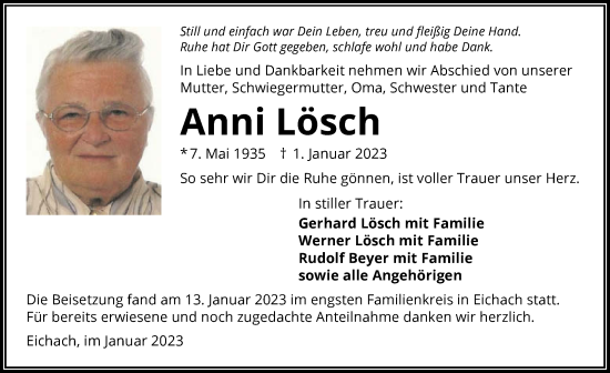 Traueranzeige von Anni Lösch von GESAMT