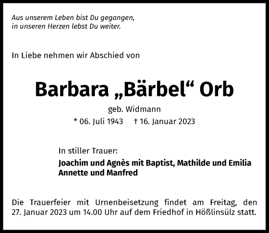 Traueranzeige von Barbara Orb von GESAMT