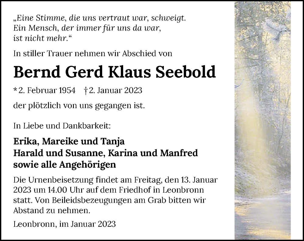  Traueranzeige für Bernd Seebold vom 11.01.2023 aus GESAMT