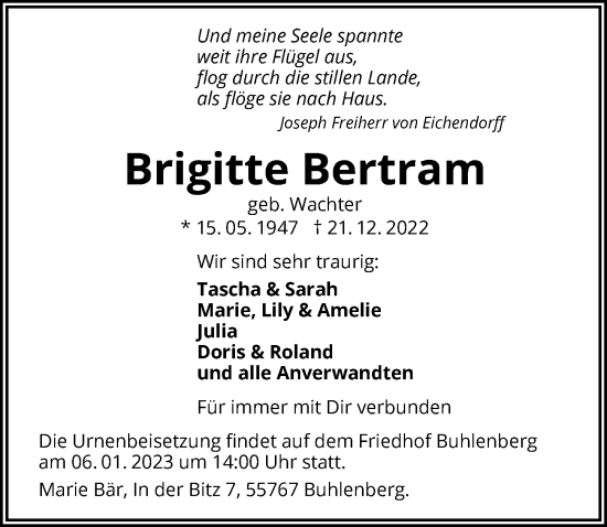 Traueranzeige von Brigitte Bertram von GESAMT