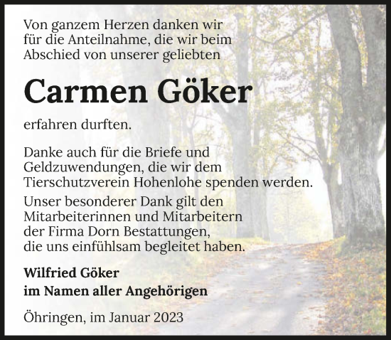 Traueranzeige von Carmen Göker von GESAMT