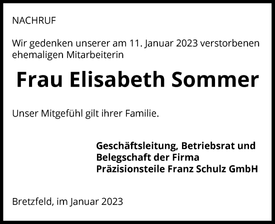 Traueranzeige von Elisabeth Sommer von GESAMT