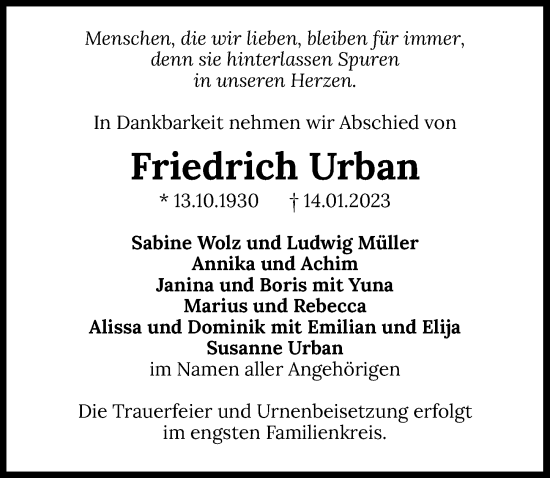 Traueranzeige von Friedrich Urban von GESAMT